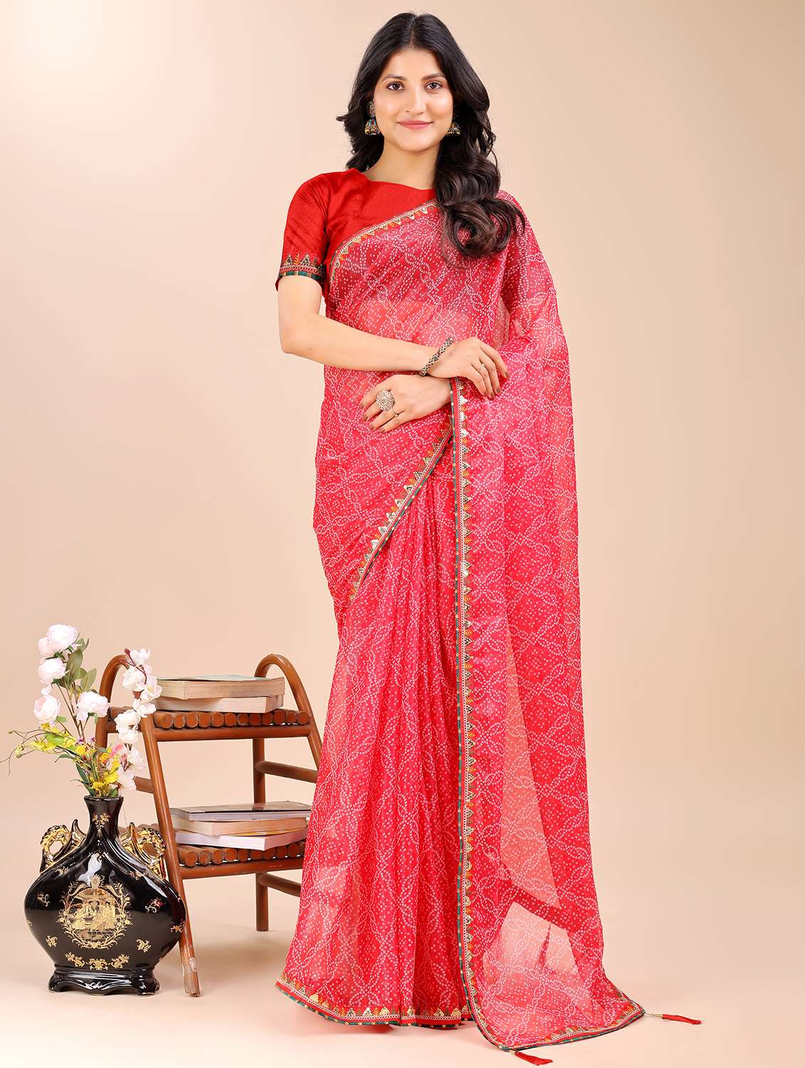 women bandhani printed saree with blouse