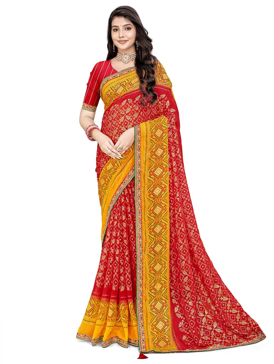women bandhani printed saree with blouse