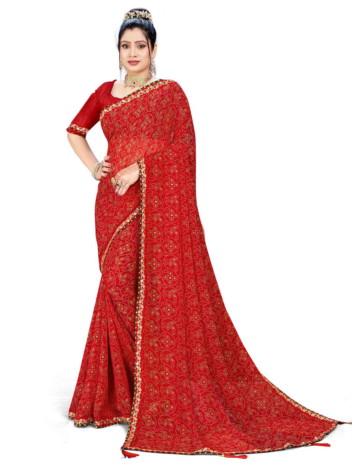 women bandhani printed saree with blouse
