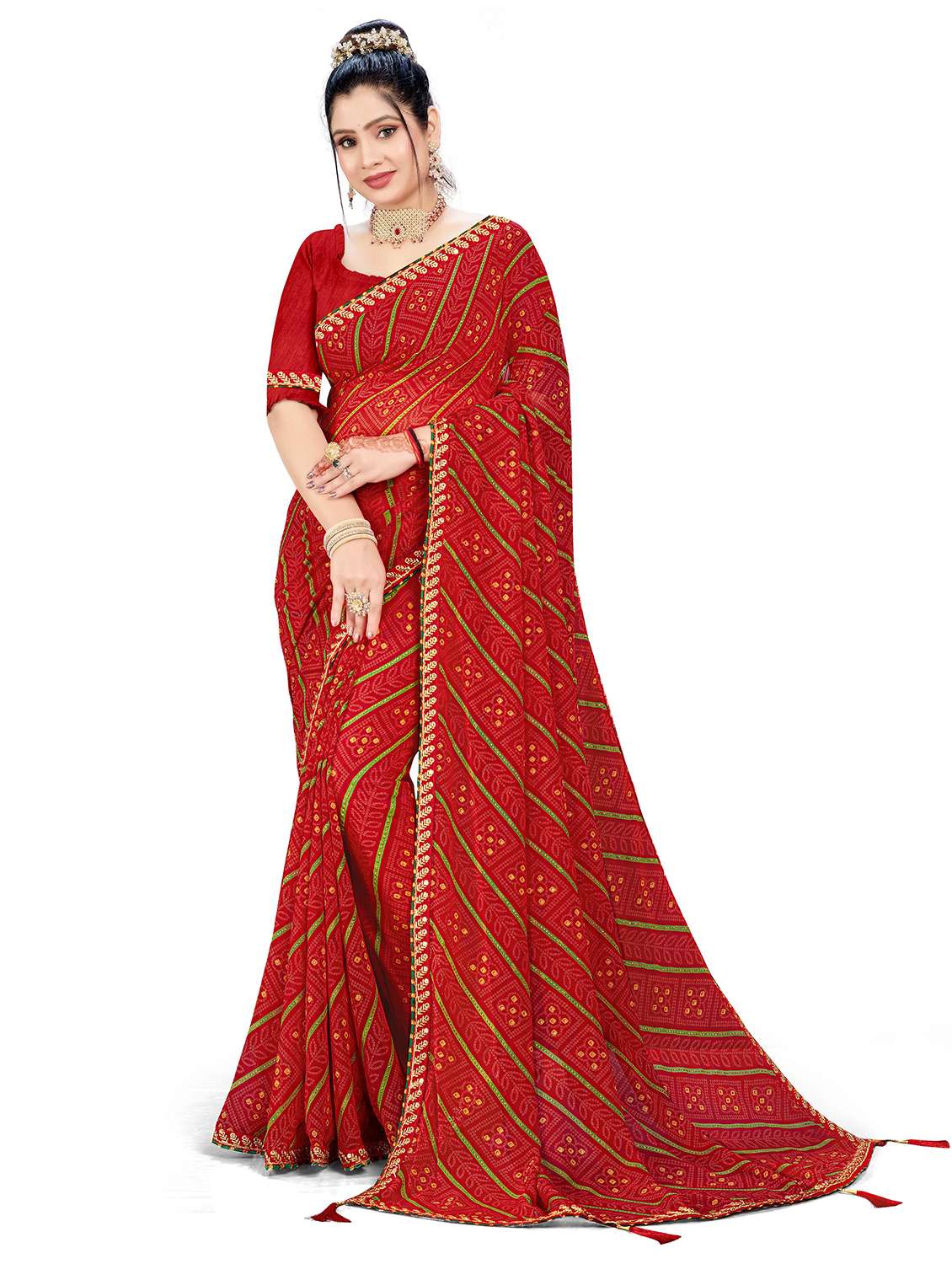women bandhani printed saree with blouse