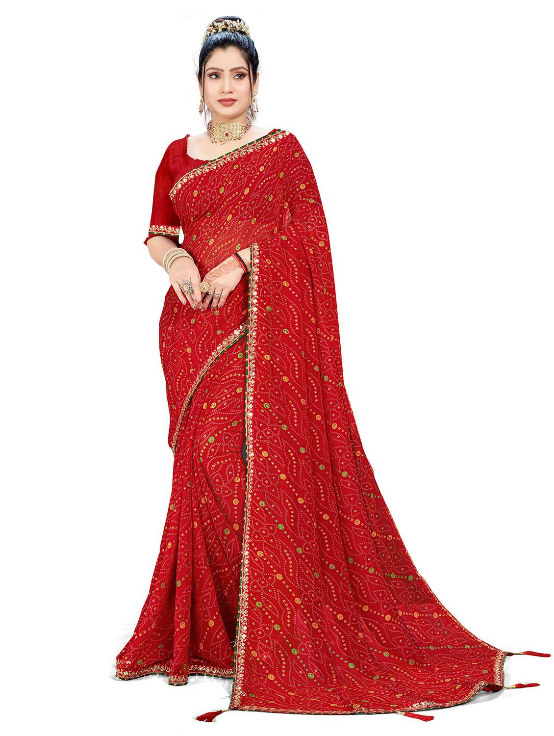 women bandhani printed saree with blouse
