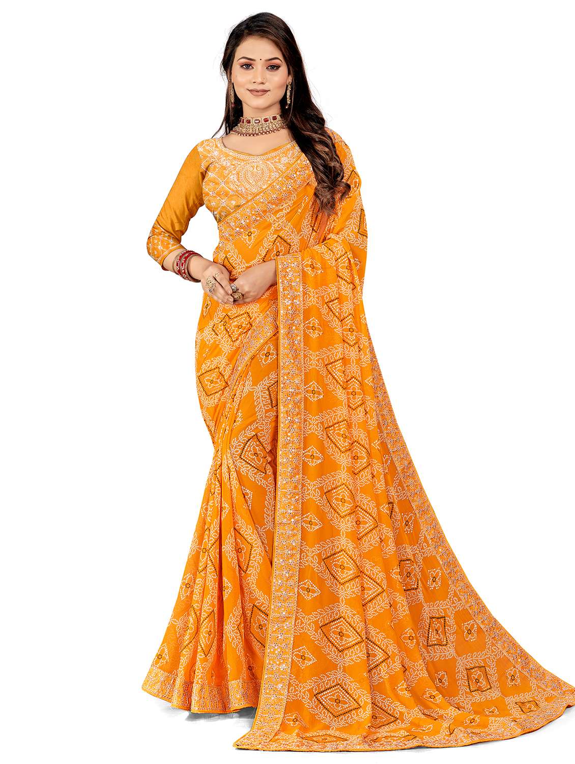 women bandhani printed saree with blouse