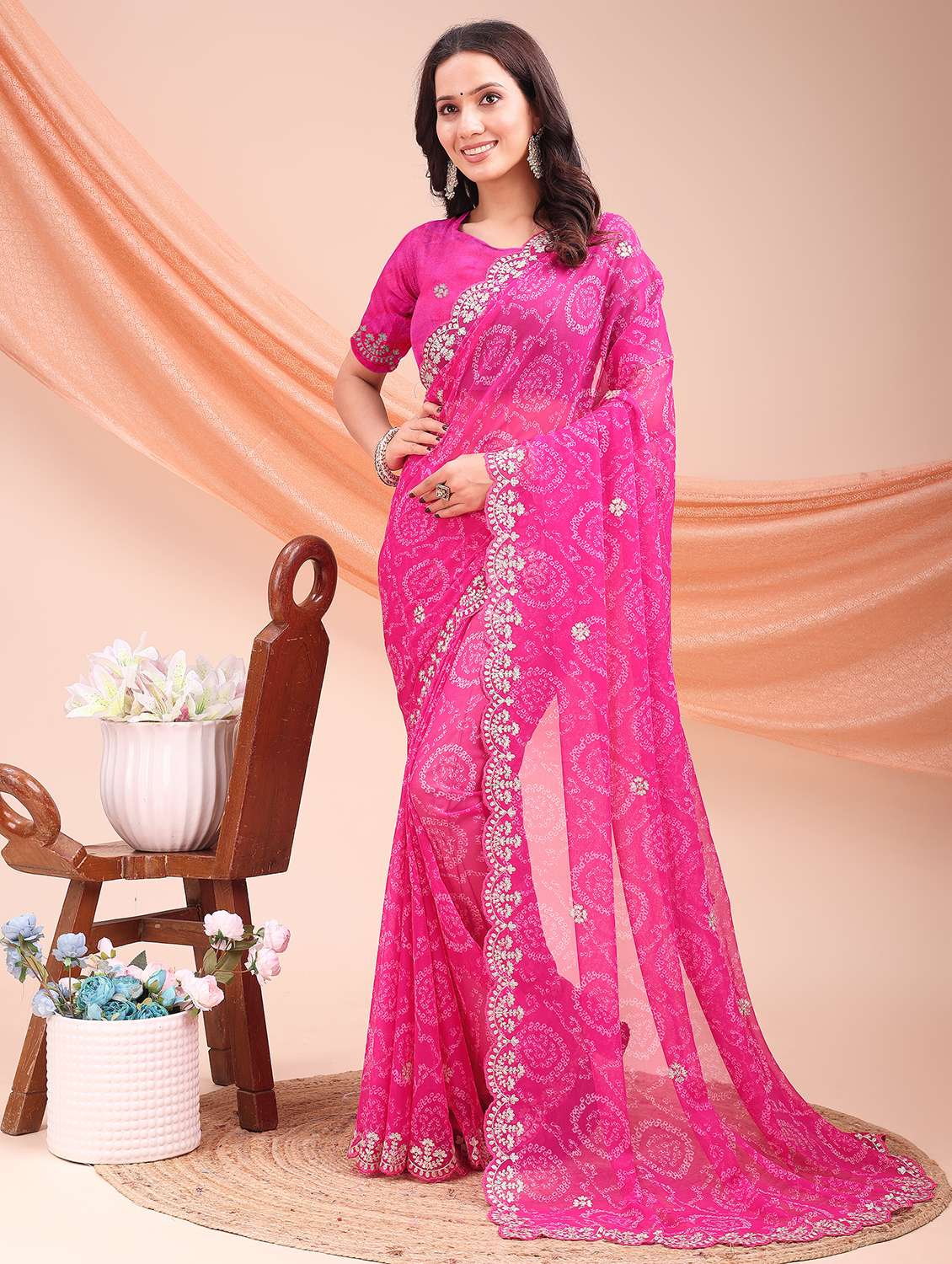 women bandhani printed saree with blouse