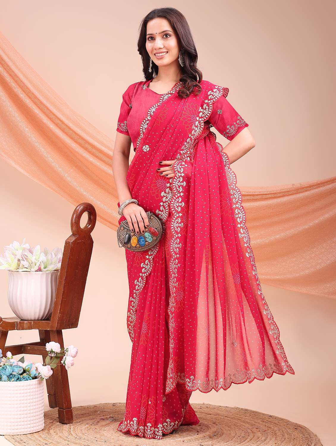Women Bandhani Printed Saree With Blouse - 22606870 -  Standard Image - 3