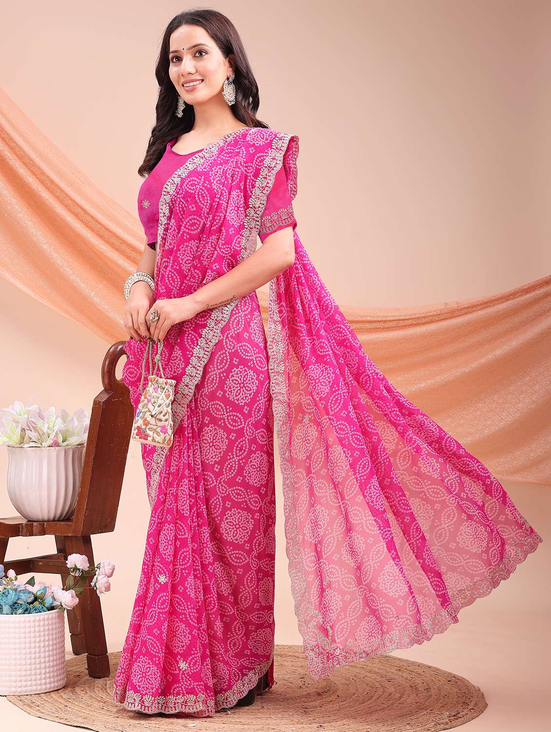 Women Bandhani Printed Saree With Blouse - 22606871 -  Standard Image - 3