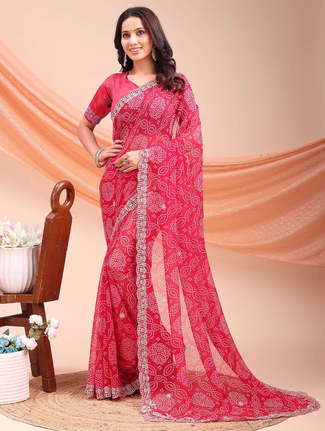 women bandhani printed saree with blouse