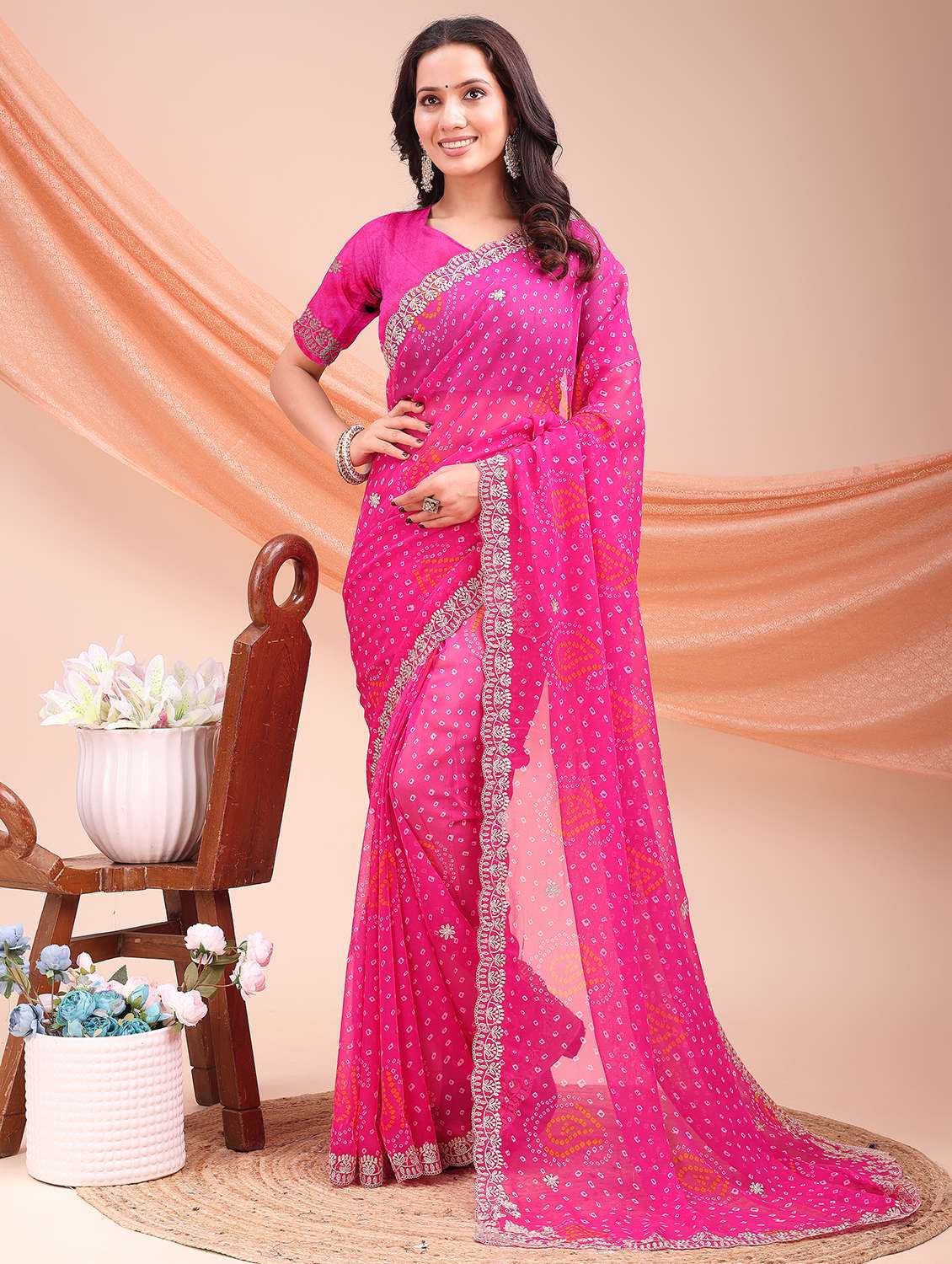 women bandhani printed saree with blouse