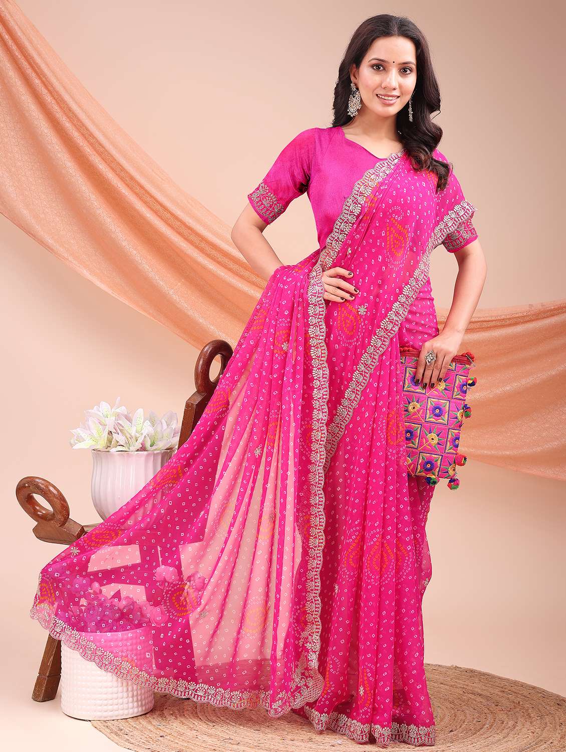 Women Bandhani Printed Saree With Blouse - 22606873 -  Standard Image - 3