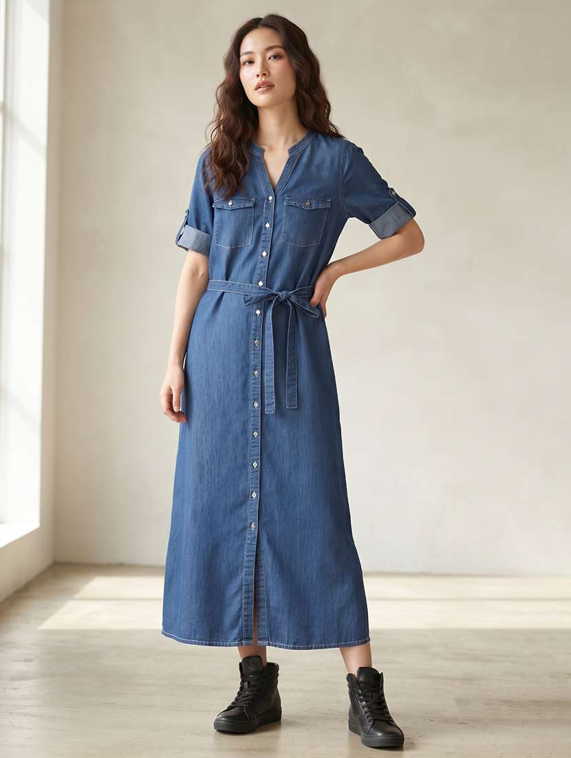 women solid long sleeves a-line dress