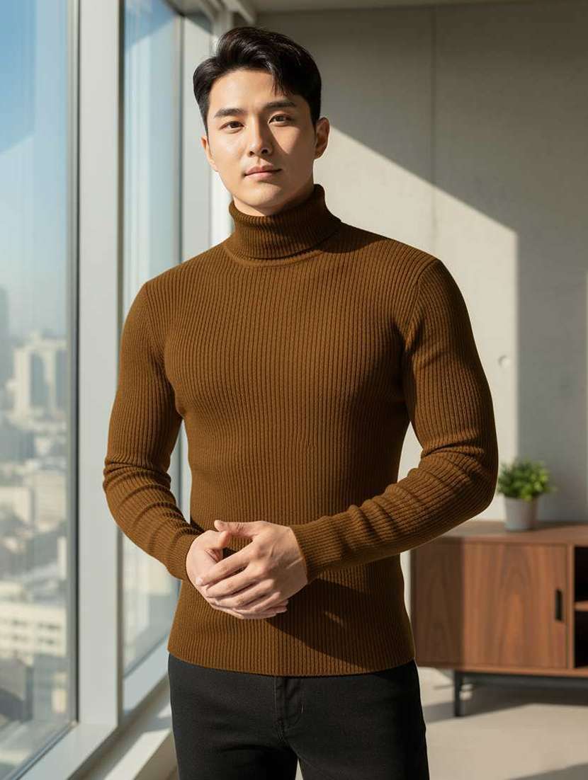 men self design turtle neck slim fit pullover