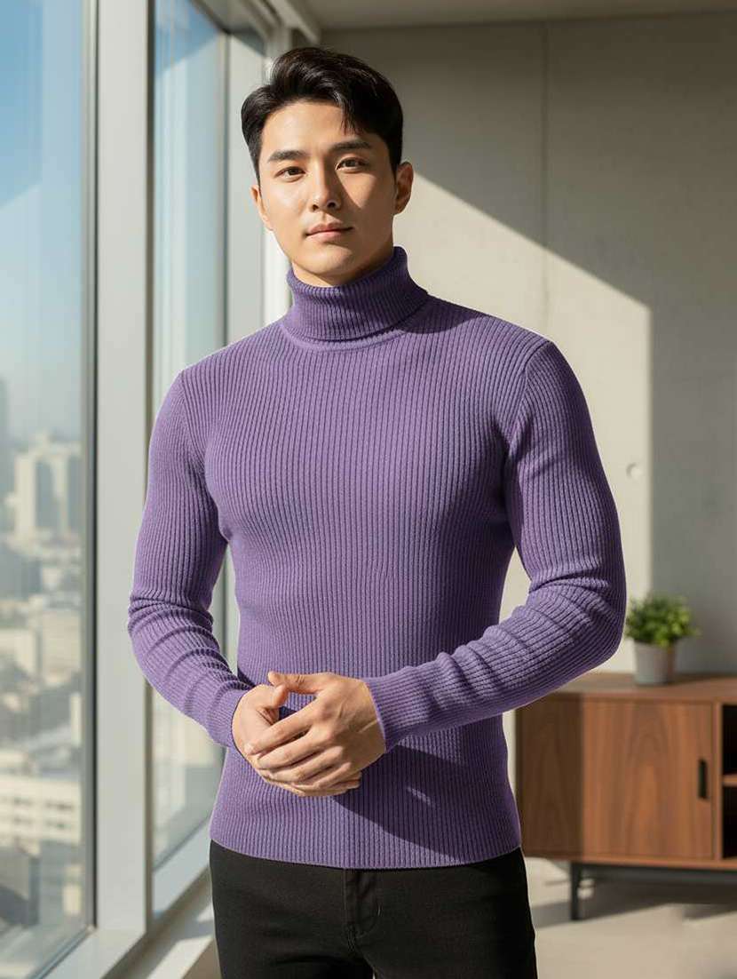 men self design turtle neck slim fit pullover