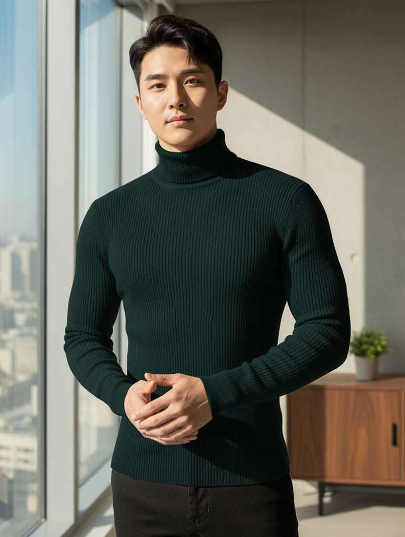 men self design turtle neck slim fit pullover