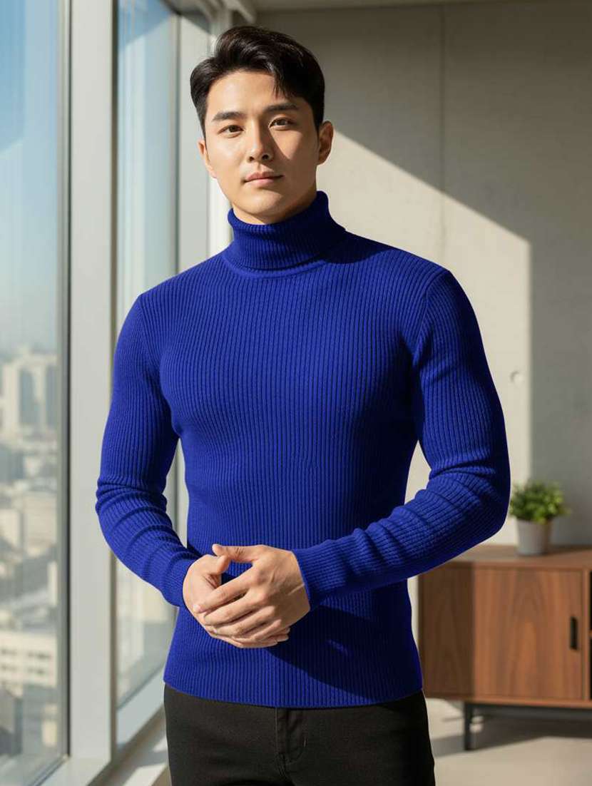 men self design turtle neck slim fit pullover