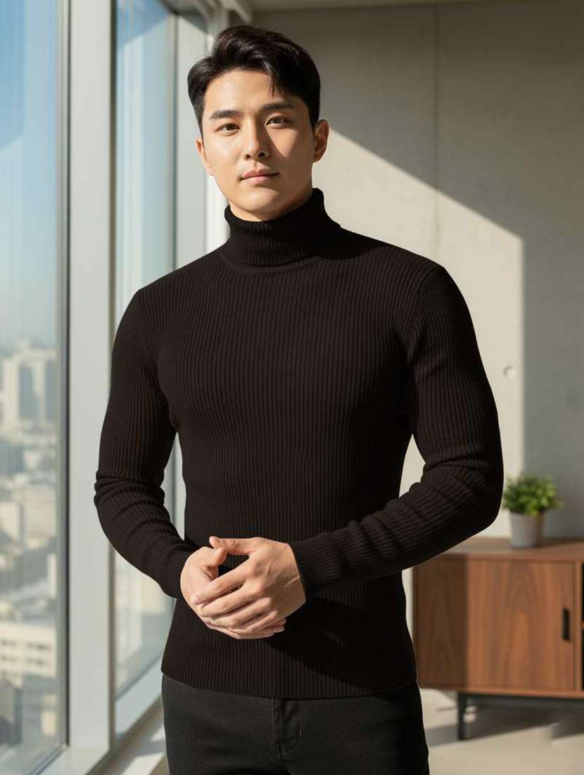 men self design turtle neck slim fit pullover