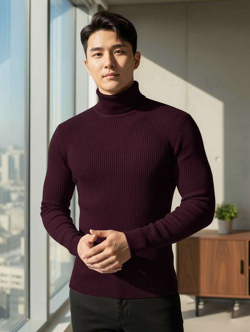 men self design turtle neck slim fit pullover