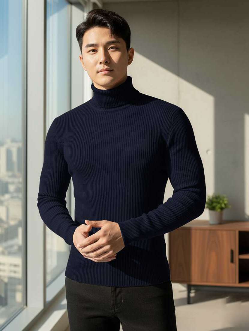 men self design turtle neck slim fit pullover