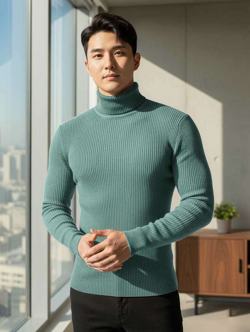 men self design turtle neck slim fit pullover