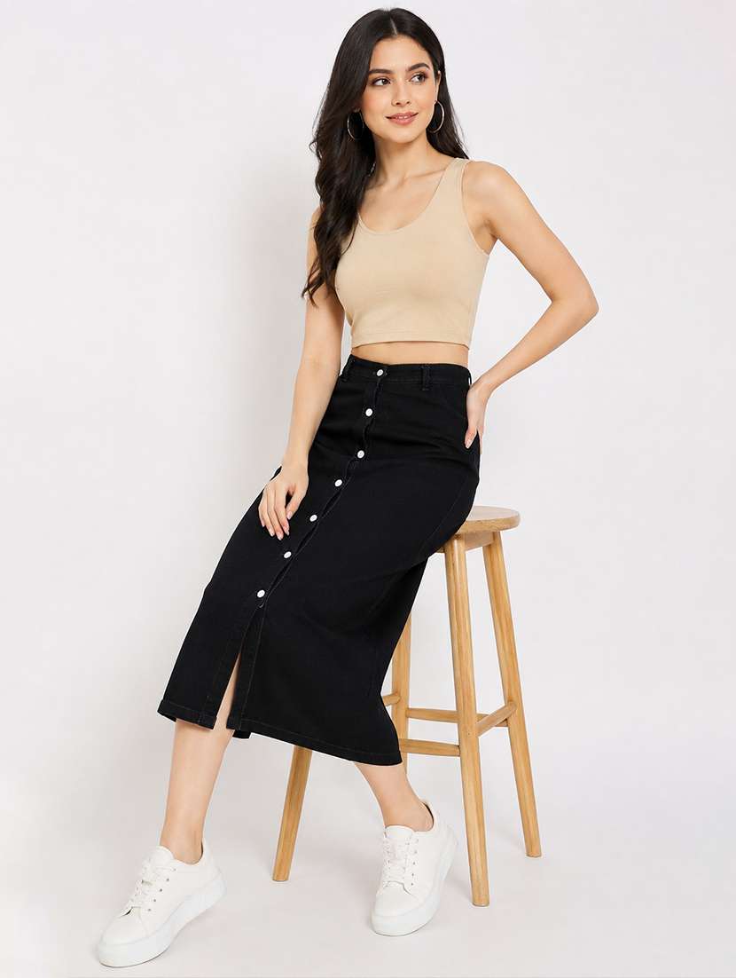 women solid mid rise straight skirt