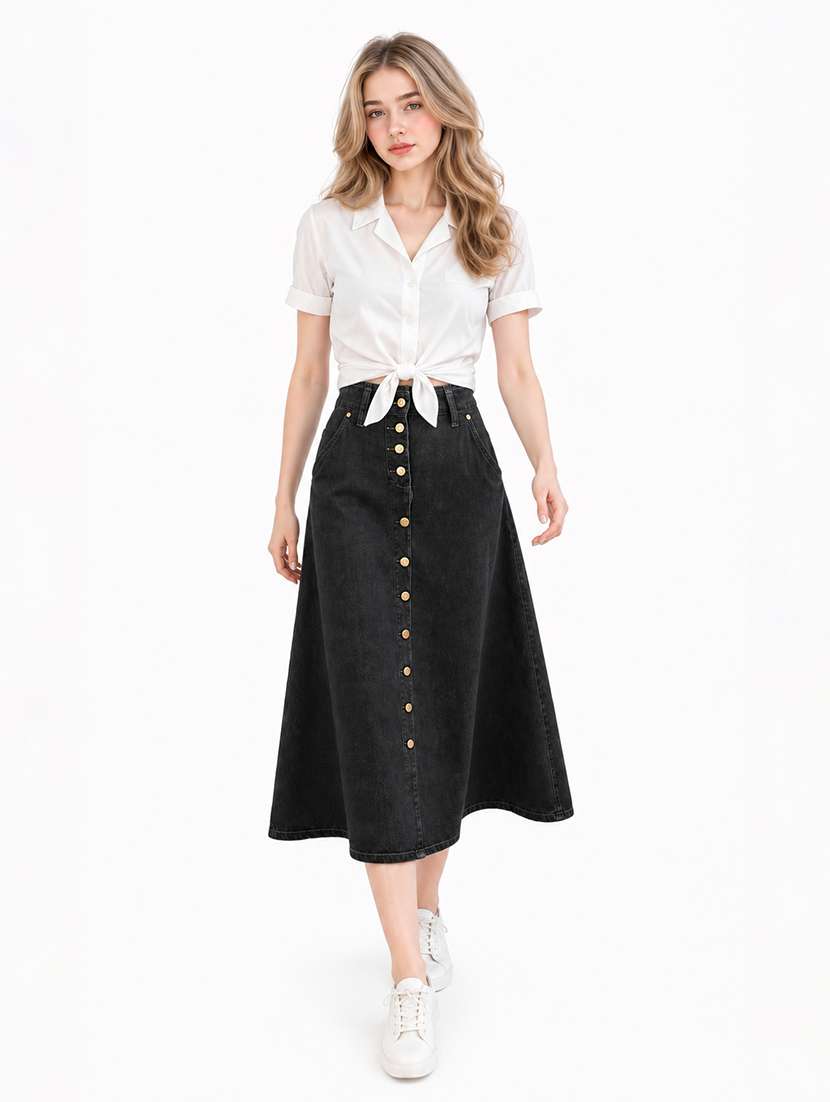 women solid high rise a-line skirt