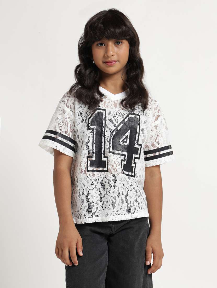 girls self design short sleeves regular fit top