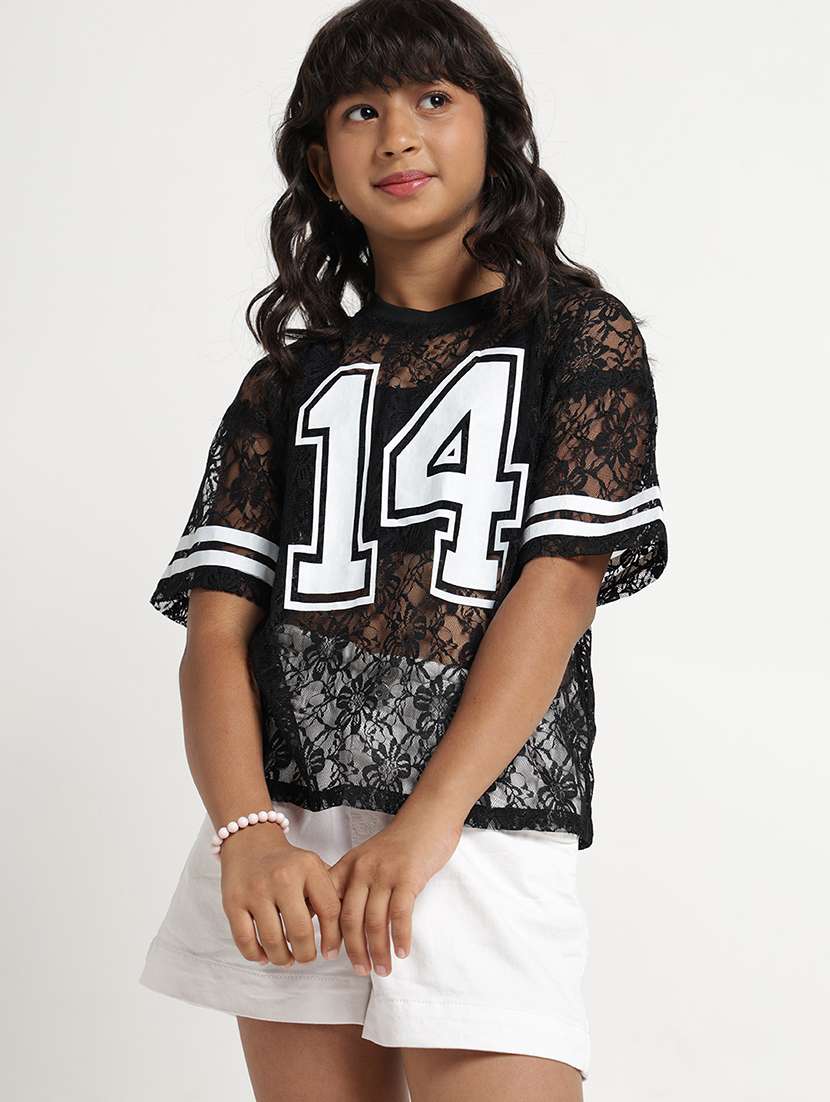 girls self design short sleeves regular fit top