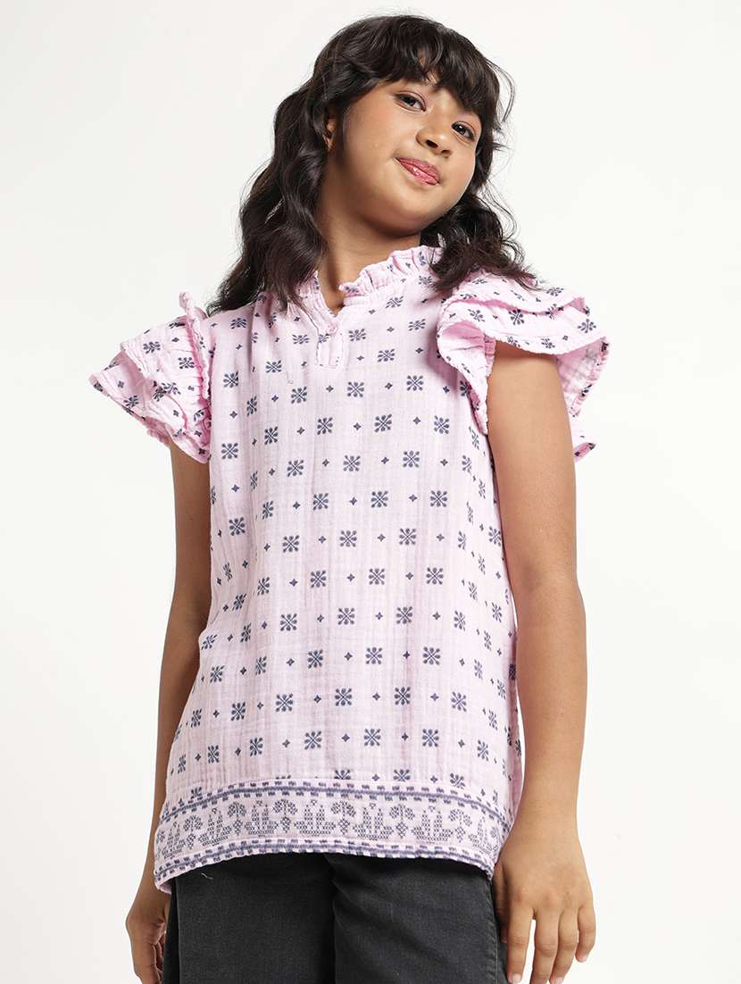 girls printed ruffle sleeves regular fit top
