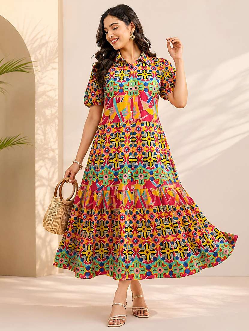 women printed short sleeves tiered dress