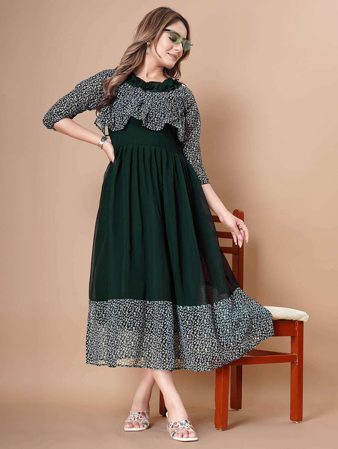 women printed three quarter sleeves fit and flare dress