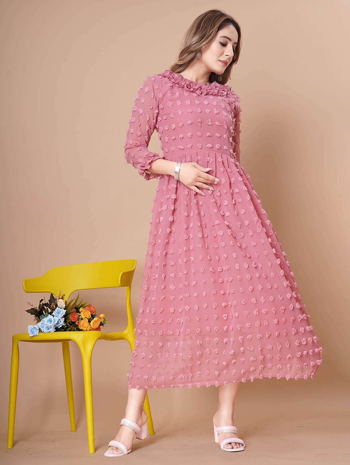 women self design three quarter sleeves fit and flare dress