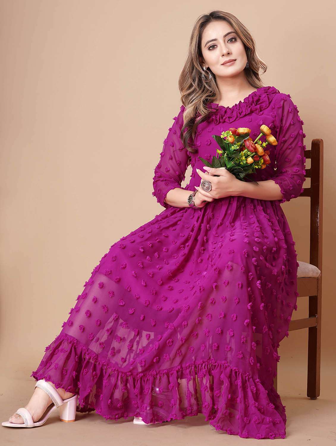 women self design three quarter sleeves tiered dress