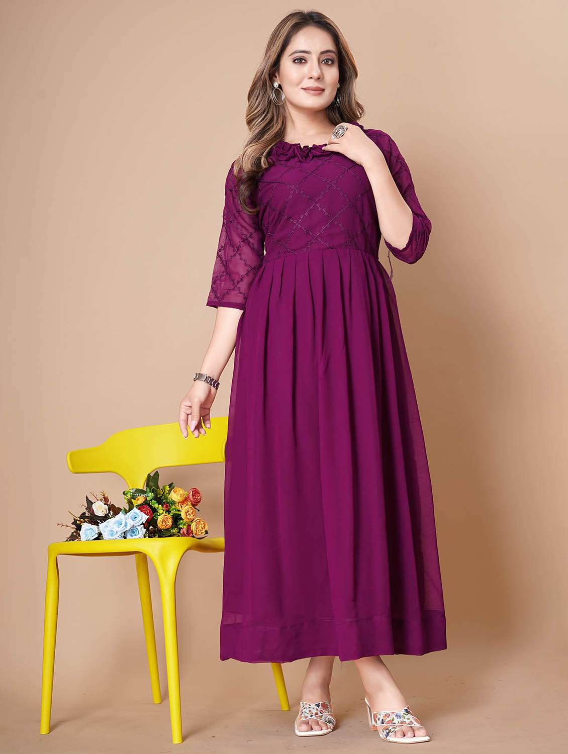 women embroidered three quarter sleeves fit and flare dress