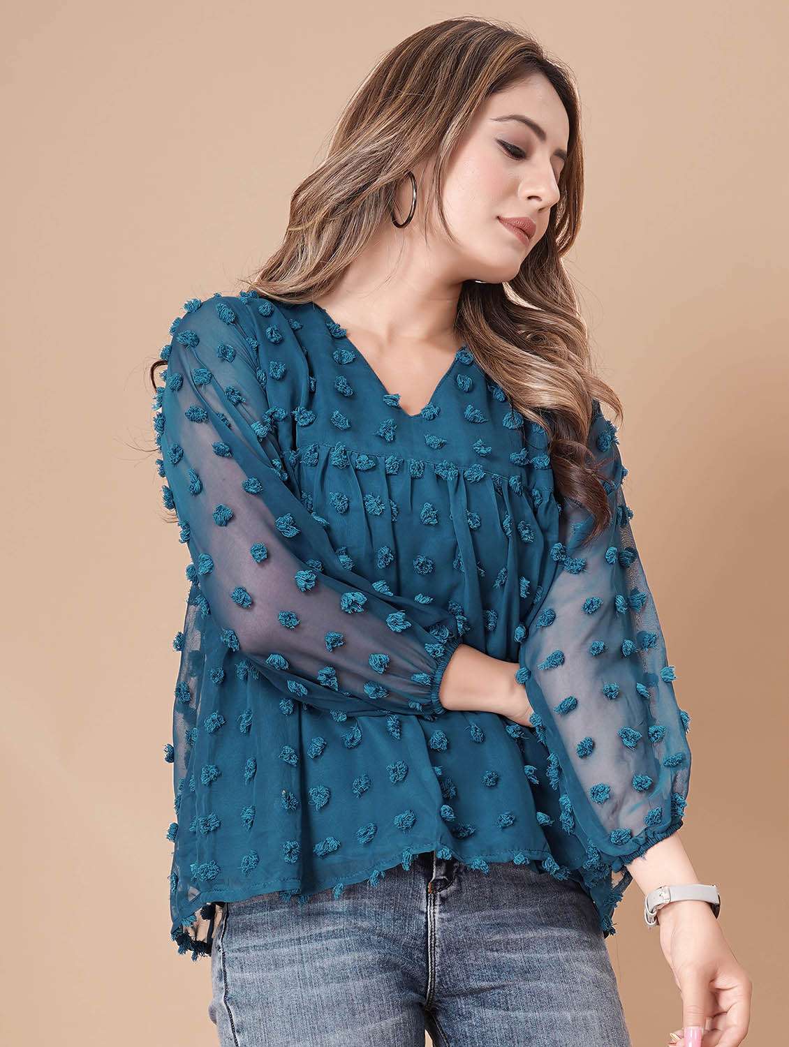 women self design long sleeves a-line top