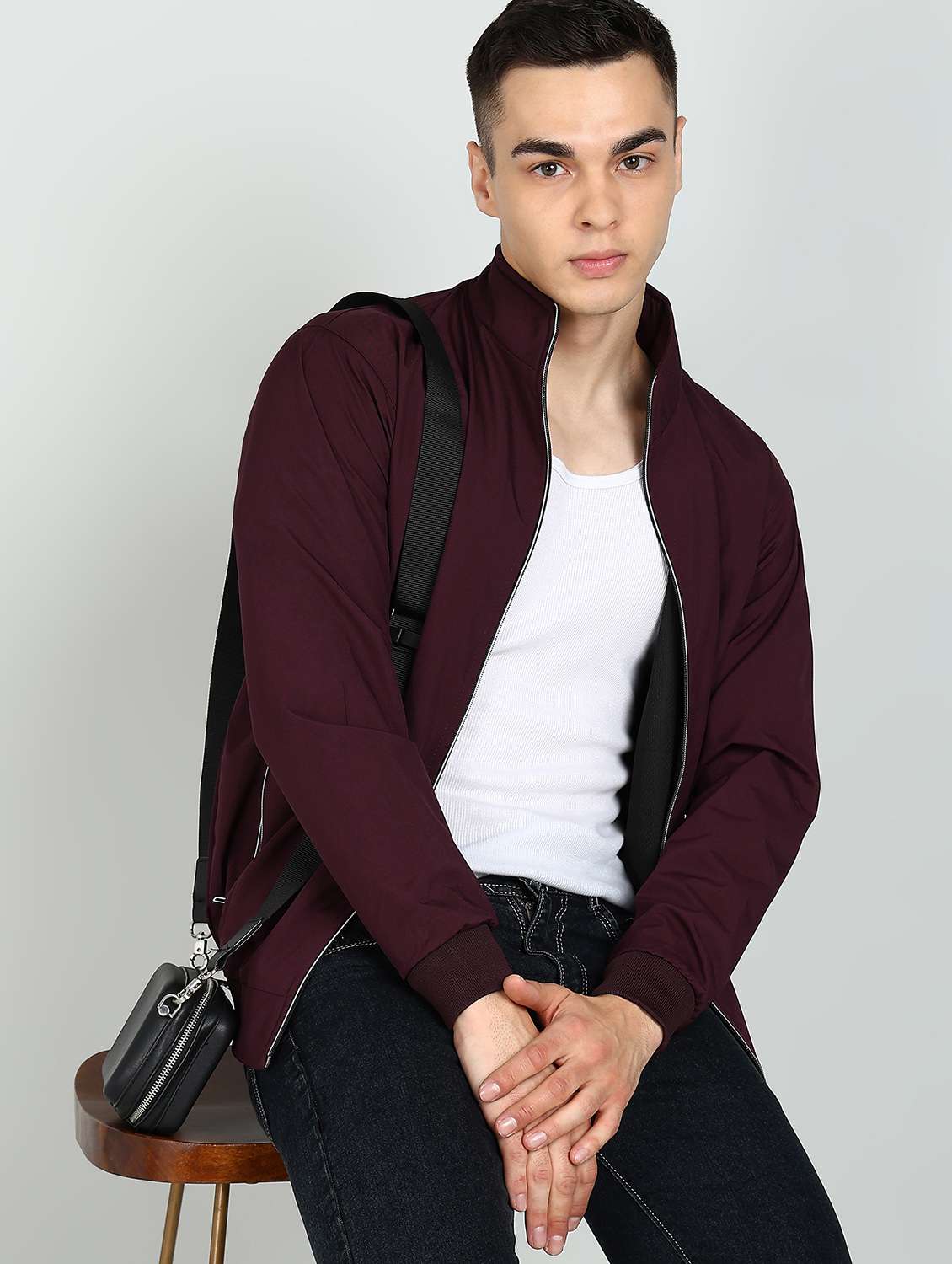 men solid long sleeves regular fit bomber jacket