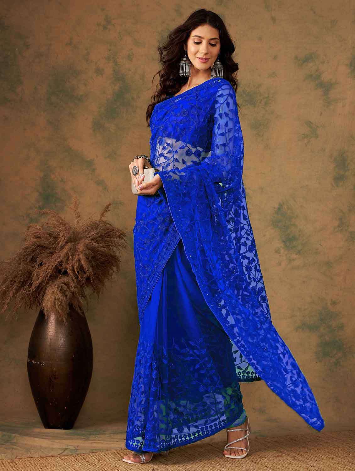 Women Solid With Work Embroidered Saree With Blouse - 22610083 -  Standard Image - 3