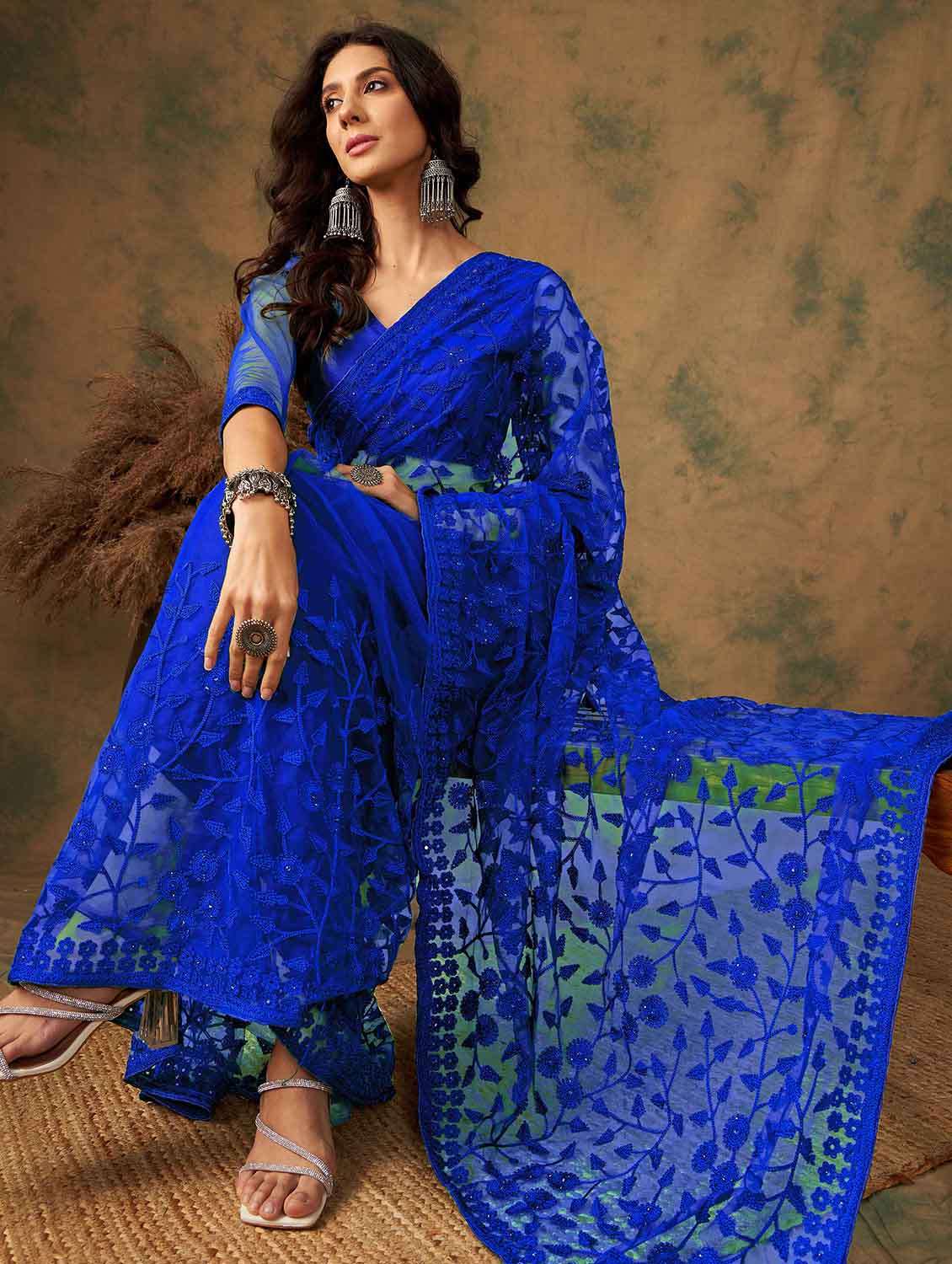 Women Solid With Work Embroidered Saree With Blouse - 22610083 -  Standard Image - 5