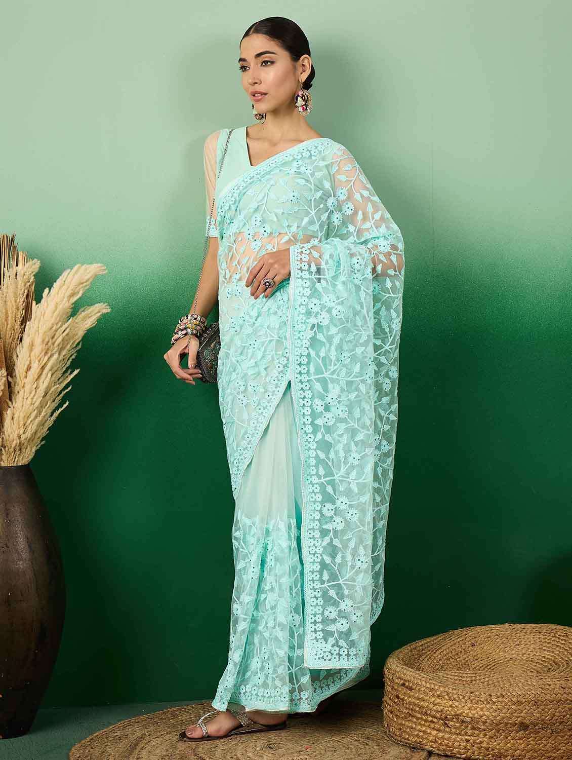 women solid with work embroidered saree with blouse - 22610084 -  Standard Image - 3