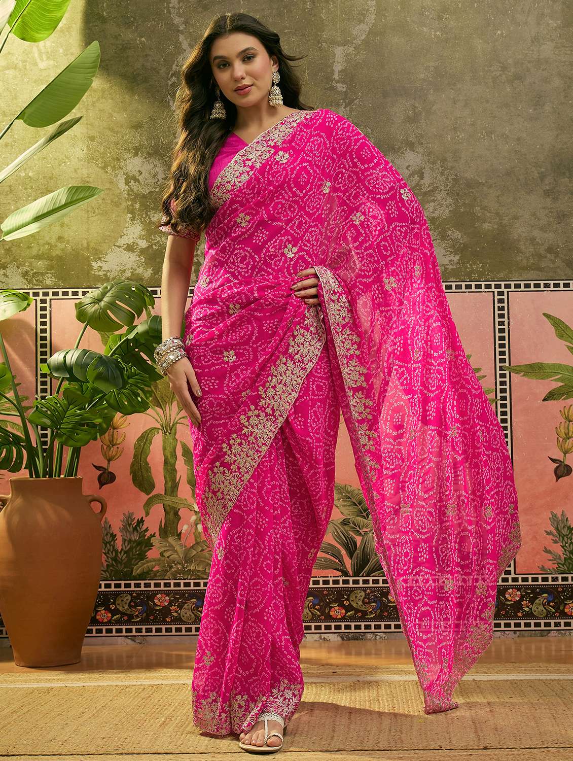 women bandhani printed saree with blouse