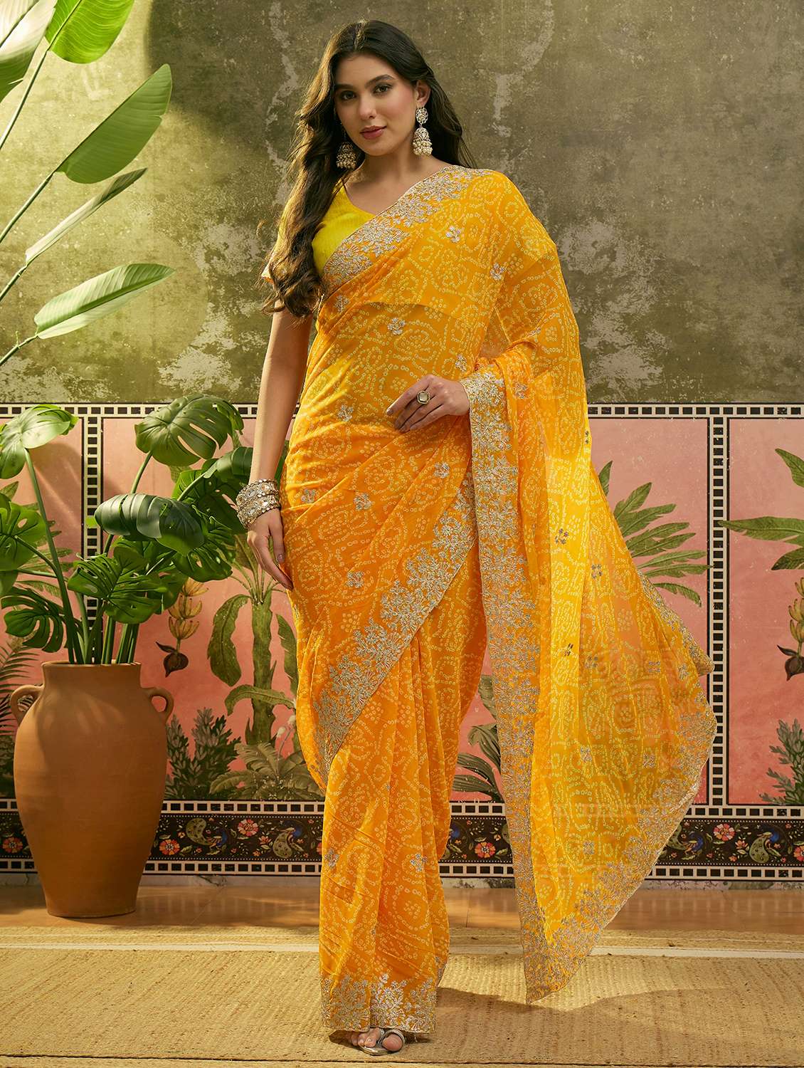 women bandhani printed saree with blouse