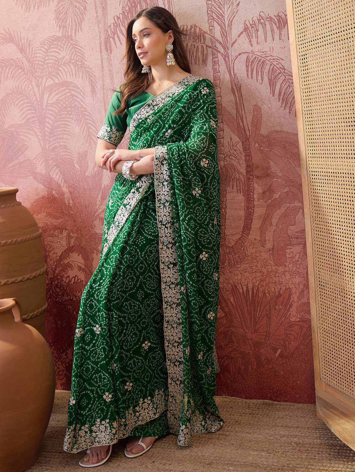 women bandhani printed saree with blouse