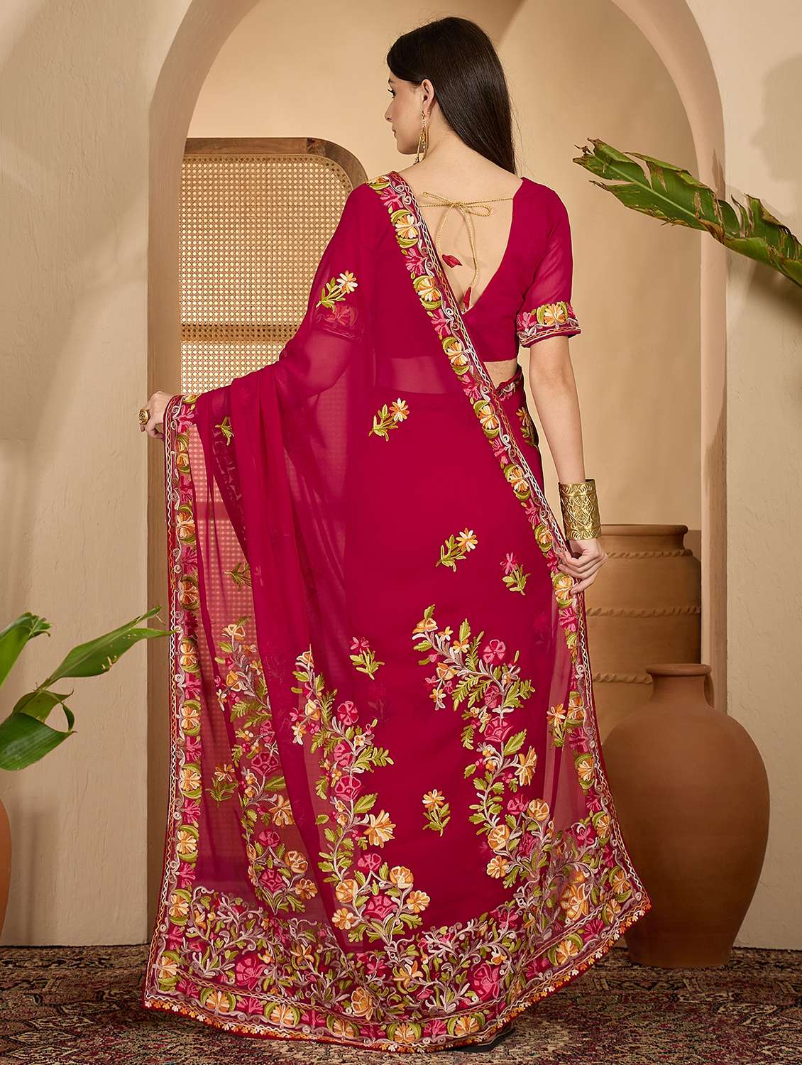 Women Solid With Work Embroidered Saree With Blouse - 22610115 -  Standard Image - 3