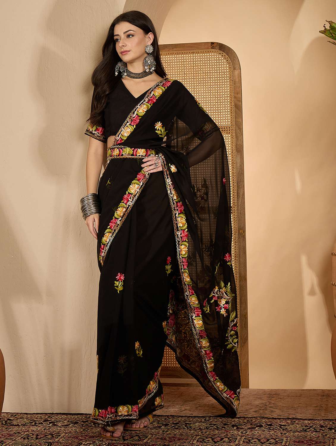 women solid with work embroidered saree with blouse