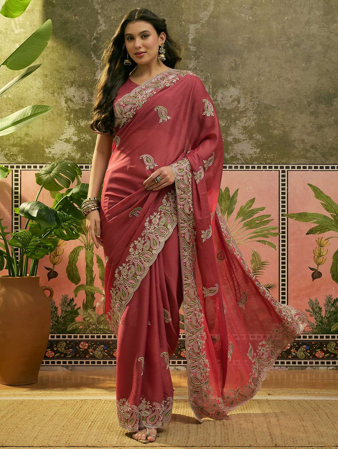 women solid with work embroidered saree with blouse