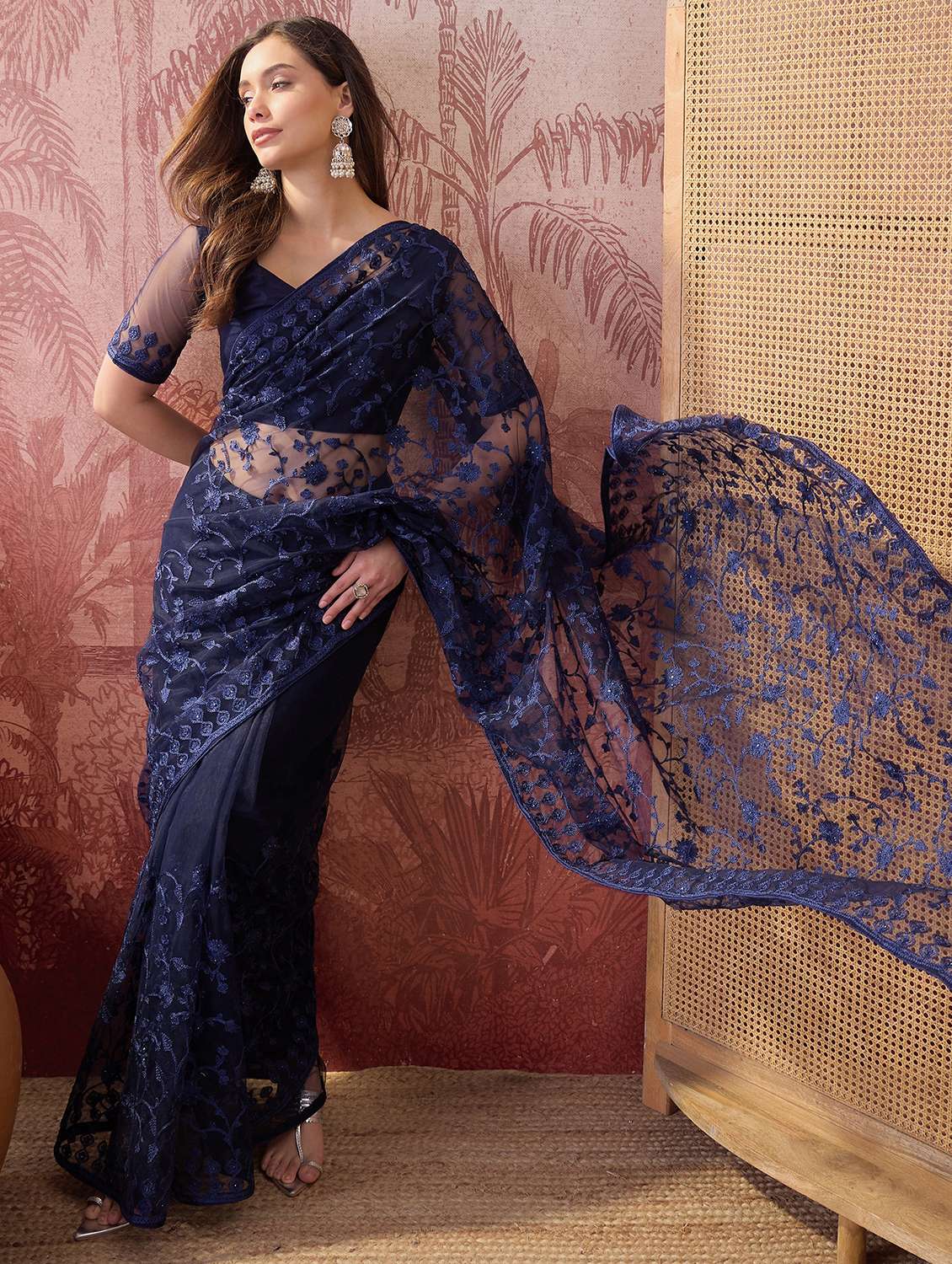 women solid with work embroidered saree with blouse