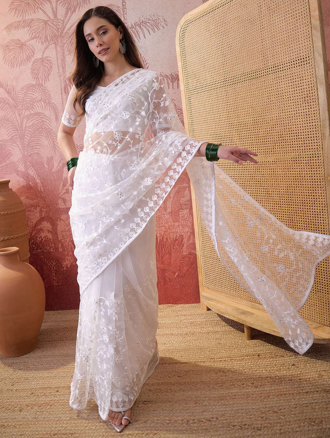 women solid with work embroidered saree with blouse