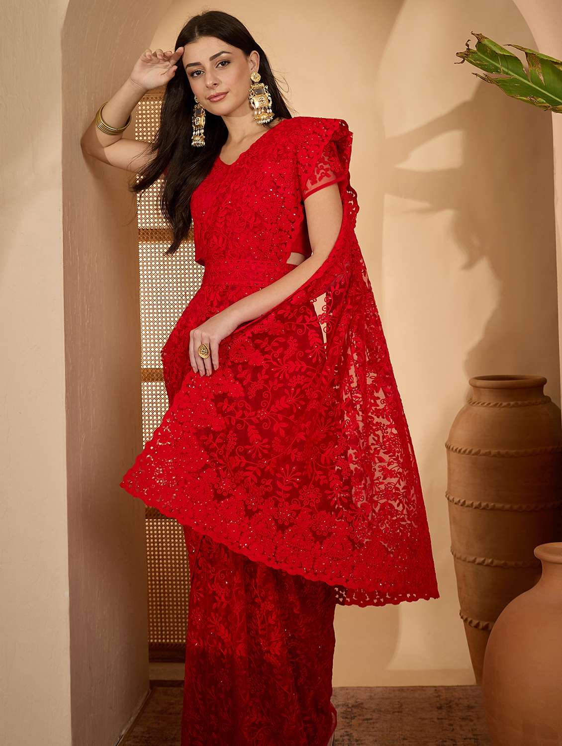 women solid with work embroidered saree with blouse - 22610153 -  Standard Image - 5
