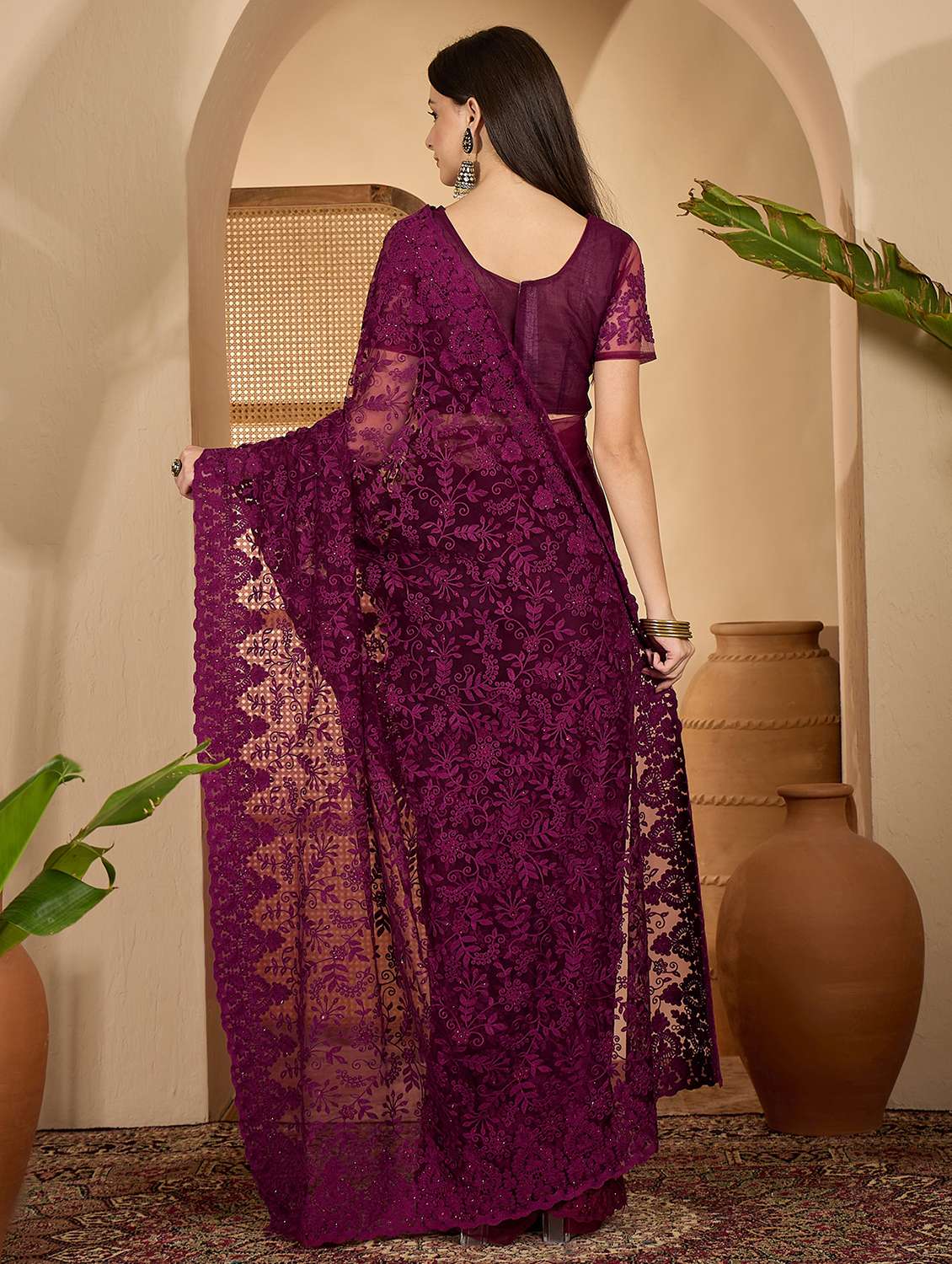 women solid with work embroidered saree with blouse - 22610155 -  Standard Image - 3