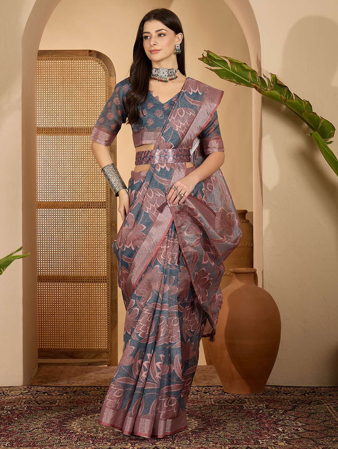 women printed casual wear saree with blouse