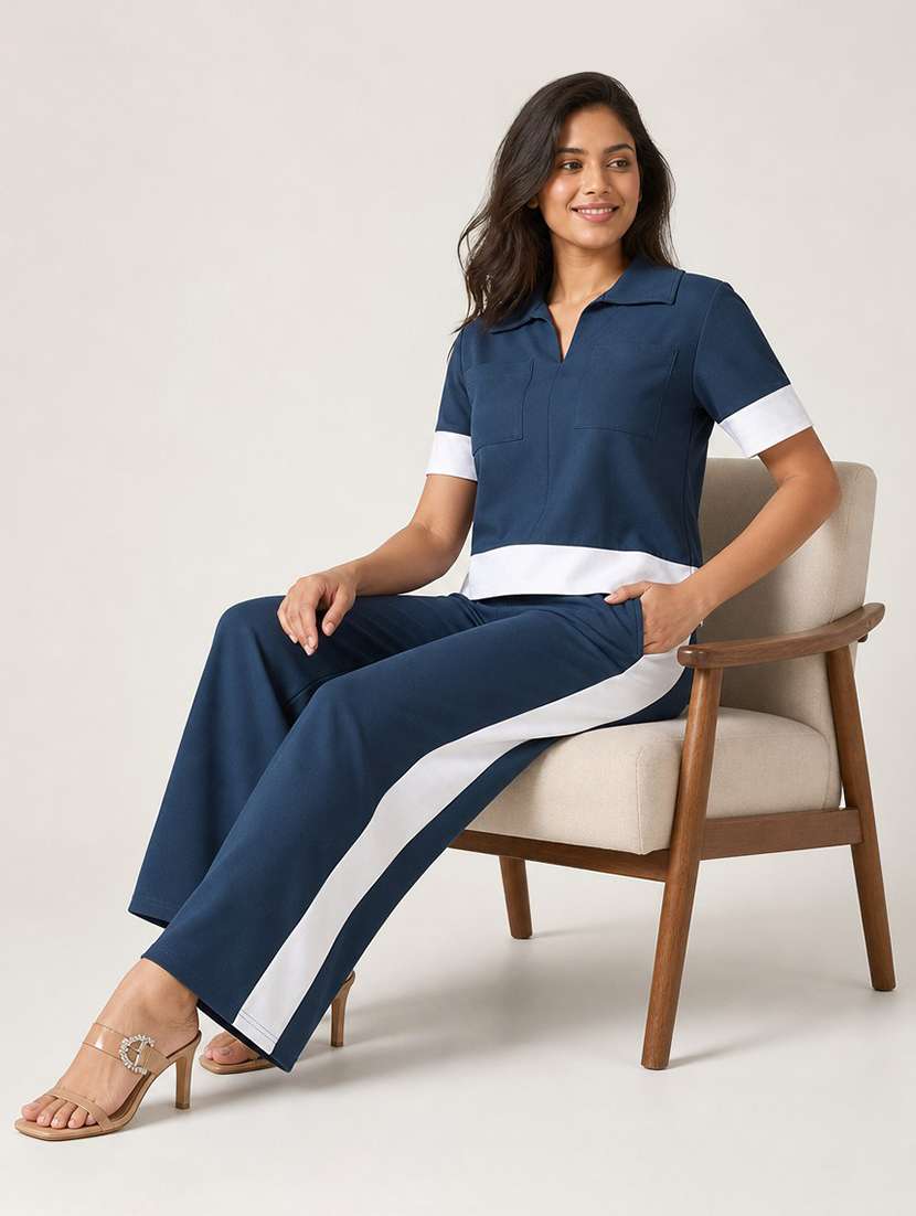women colourblocked short sleeves top and trouser co-ord set 