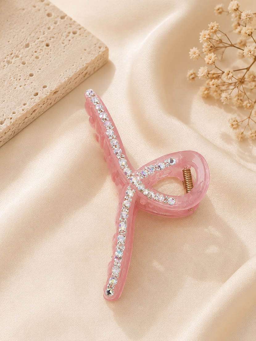 women premium rhinestone bow hair claw clip