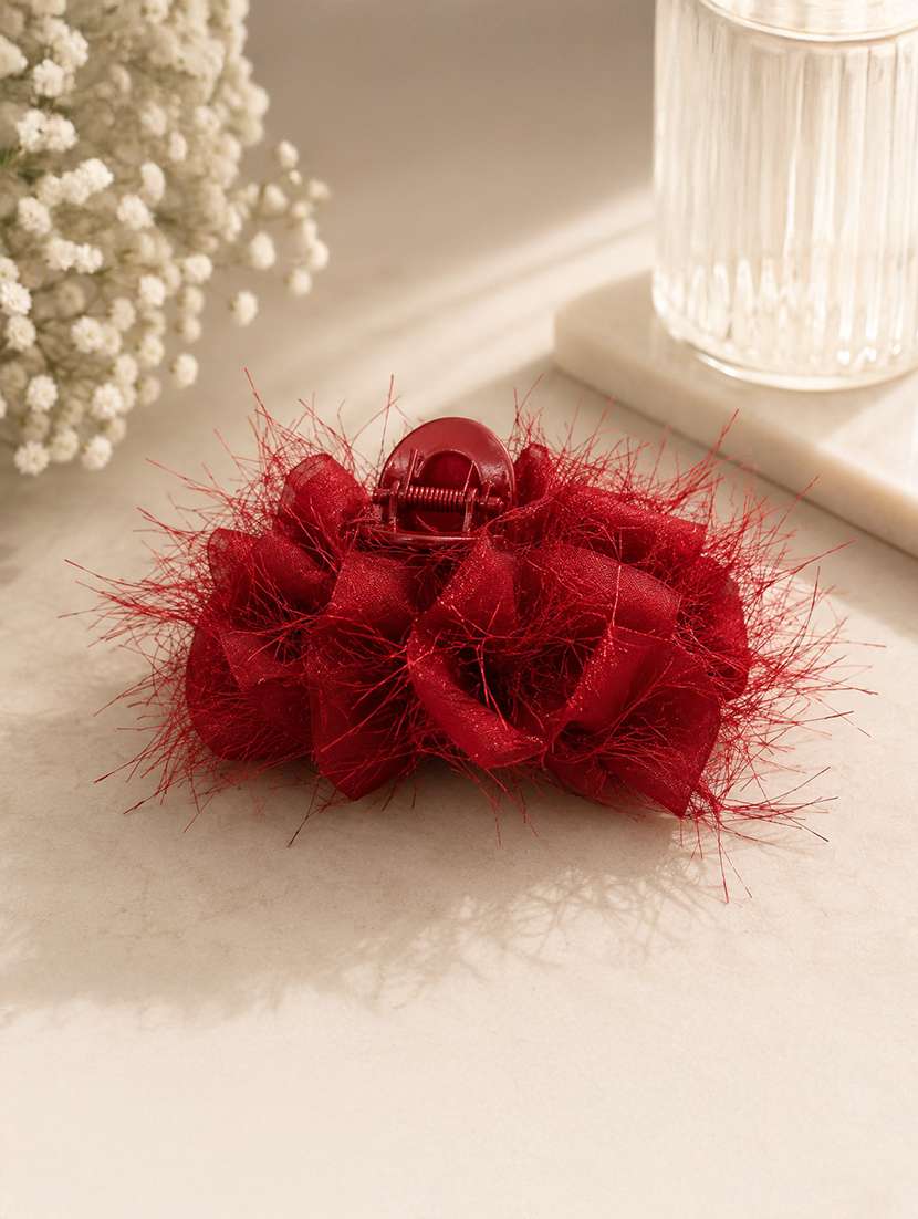 elegant red feather mesh hair claw clip for women